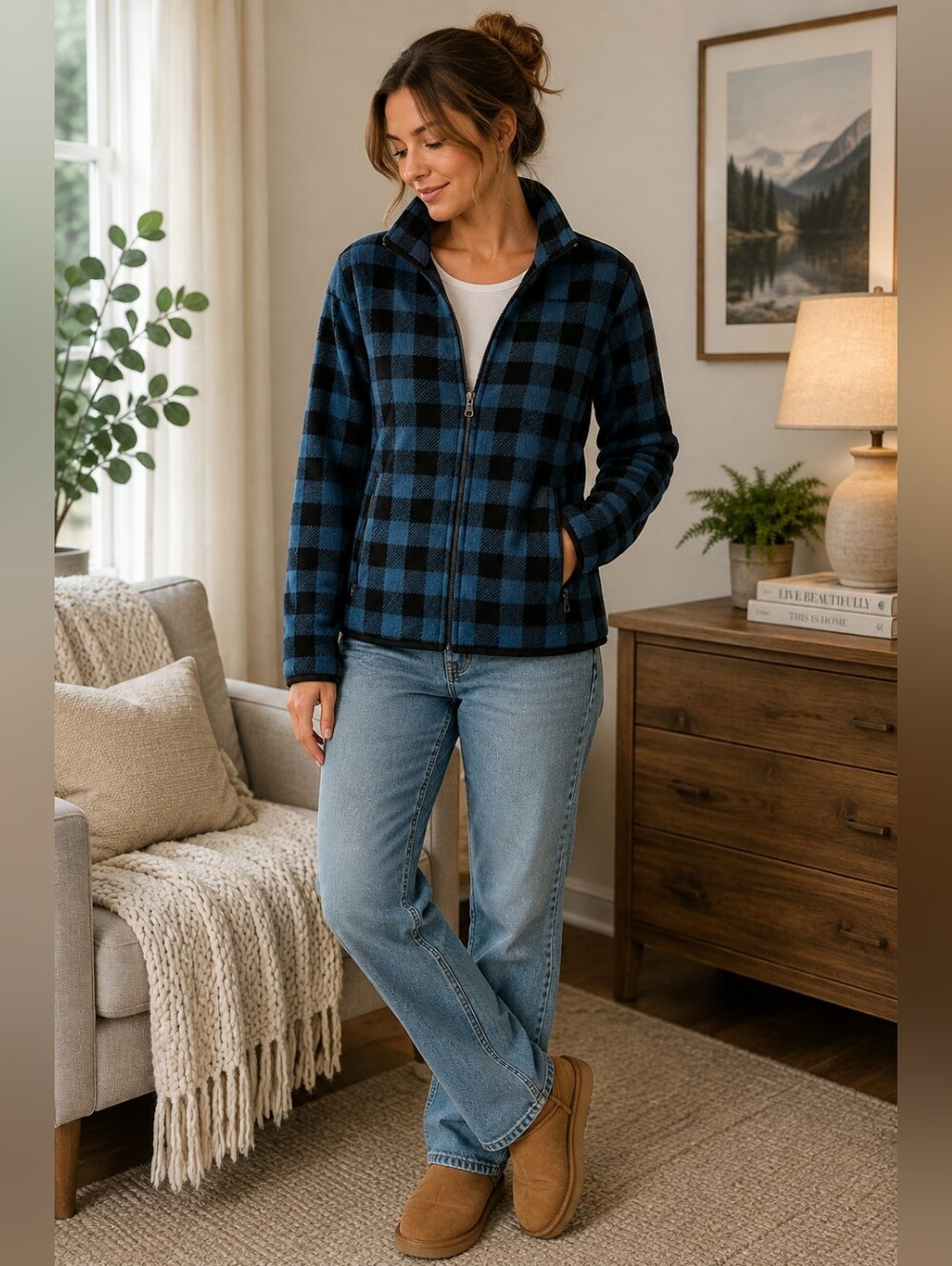 Hudson Jeans Women’s Blue Black Buffalo Plaid Fleece Jacket Medium Full Zip